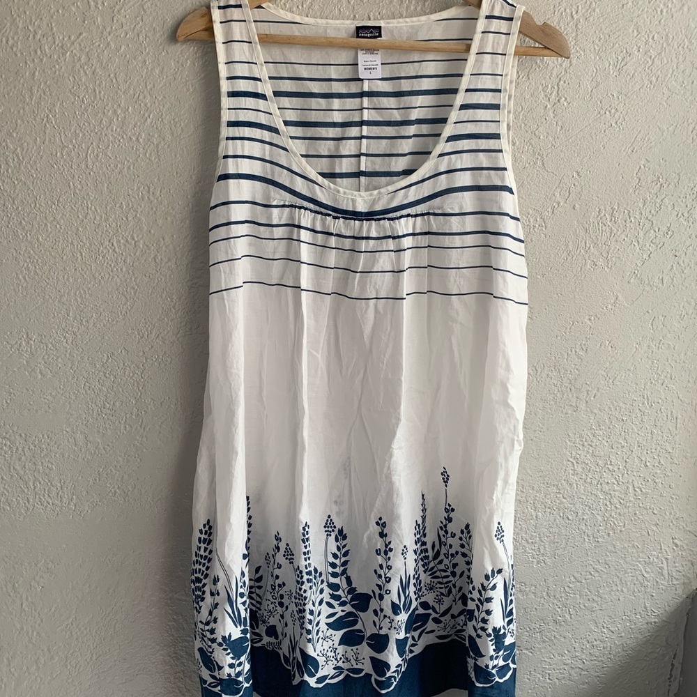 Patagonia Striped Sleeveless Dress Blue White Organic Cotton Size L Summer